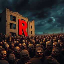 A thrilling scene depicting a massive horde of zombies gathering alongside a decaying building, evoking a sense of horror and urgency