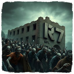 A thrilling scene depicting a massive horde of zombies gathering alongside a decaying building, evoking a sense of horror and urgency