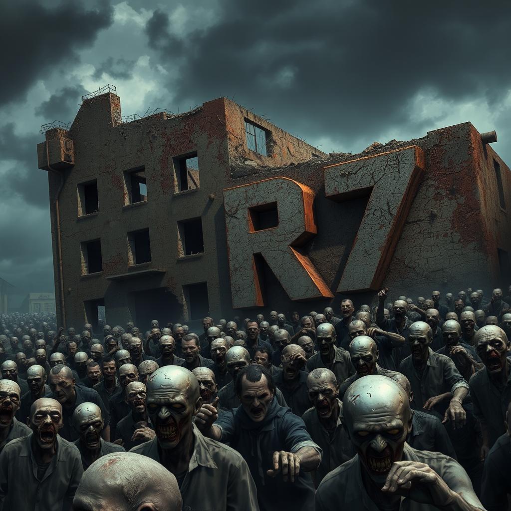 A thrilling scene depicting a massive horde of zombies gathering alongside a decaying building, evoking a sense of horror and urgency