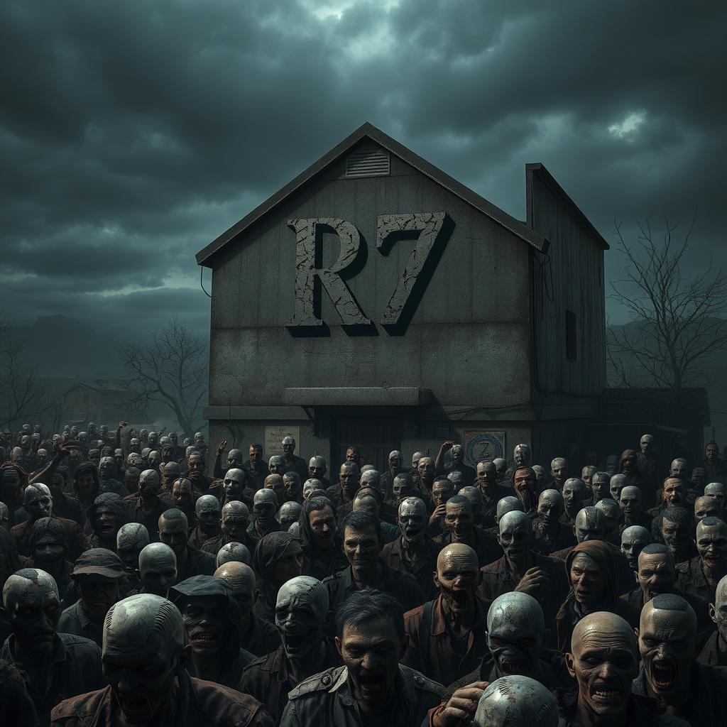 A chilling scene depicting a large army of zombies gathering around a dilapidated building, creating an atmosphere of horror and tension