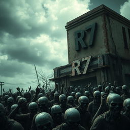 A chilling scene depicting a large army of zombies gathering around a dilapidated building, creating an atmosphere of horror and tension