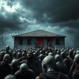A chilling scene depicting a large army of zombies gathering around a dilapidated building, creating an atmosphere of horror and tension