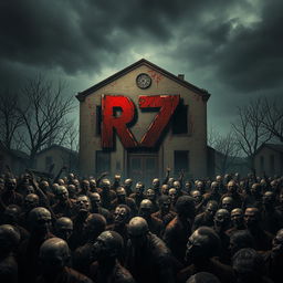 A chilling scene depicting a large army of zombies gathering around a dilapidated building, creating an atmosphere of horror and tension