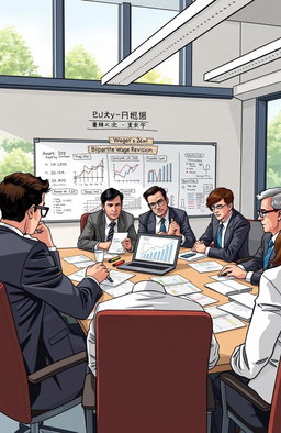 A detailed illustration depicting a corporate office meeting room with professionals discussing wage revisions