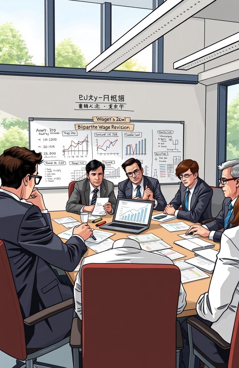 A detailed illustration depicting a corporate office meeting room with professionals discussing wage revisions