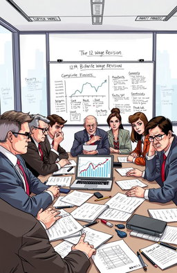 A detailed illustration depicting a corporate office meeting room with professionals discussing wage revisions