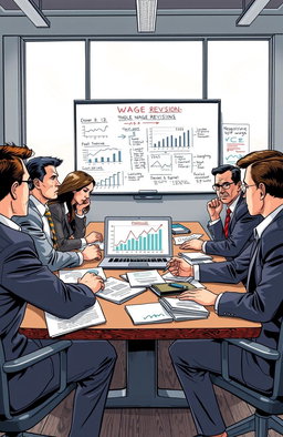 A detailed illustration depicting a corporate office meeting room with professionals discussing wage revisions
