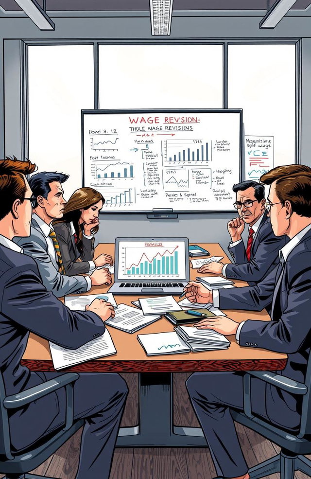 A detailed illustration depicting a corporate office meeting room with professionals discussing wage revisions