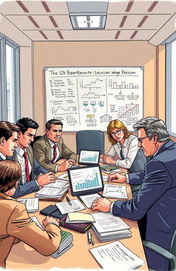 A detailed illustration depicting a corporate office meeting room with professionals discussing wage revisions