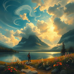 A lush, dreamy landscape embodying the essence of Romanticism, featuring dramatic skies filled with swirling clouds in deep shades of azure and gold