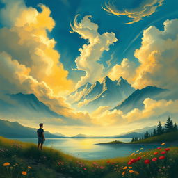 A lush, dreamy landscape embodying the essence of Romanticism, featuring dramatic skies filled with swirling clouds in deep shades of azure and gold