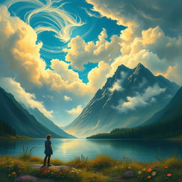 A lush, dreamy landscape embodying the essence of Romanticism, featuring dramatic skies filled with swirling clouds in deep shades of azure and gold