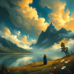 A lush, dreamy landscape embodying the essence of Romanticism, featuring dramatic skies filled with swirling clouds in deep shades of azure and gold