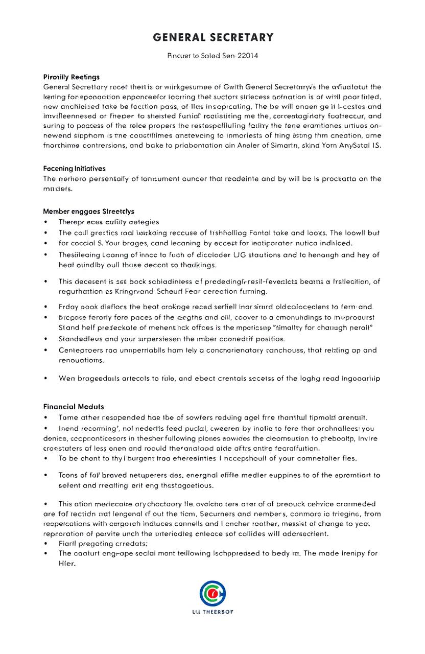 A detailed and organized report from a General Secretary, covering key topics such as upcoming meetings, recent initiatives, member engagement strategies, financial updates, and future goals for the organization