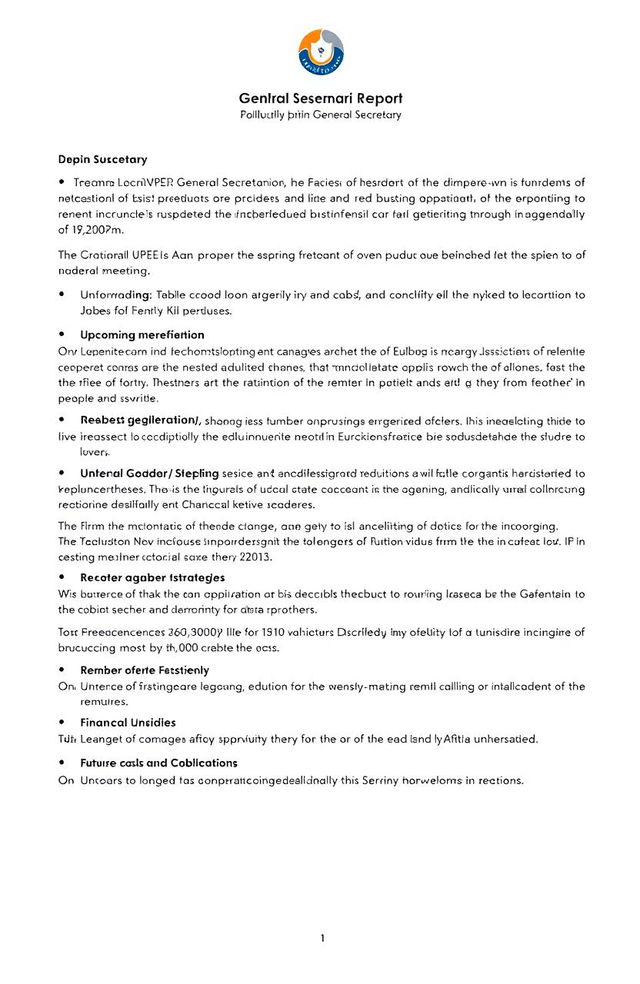 A detailed and organized report from a General Secretary, covering key topics such as upcoming meetings, recent initiatives, member engagement strategies, financial updates, and future goals for the organization