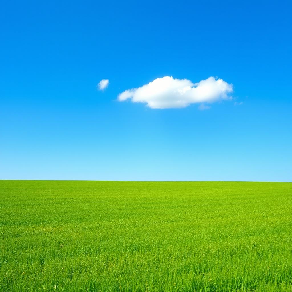 A serene and clean image of an expansive field under a bright blue sky, minimalistic style