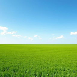 A serene and clean image of an expansive field under a bright blue sky, minimalistic style