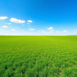 A serene and clean image of an expansive field under a bright blue sky, minimalistic style