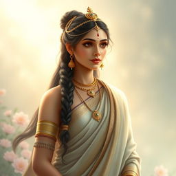 A serene and divine depiction of Sita, embodying beauty and elegance with a radiant countenance, representing her royal lineage and inner purity