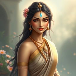 A serene and divine depiction of Sita, embodying beauty and elegance with a radiant countenance, representing her royal lineage and inner purity