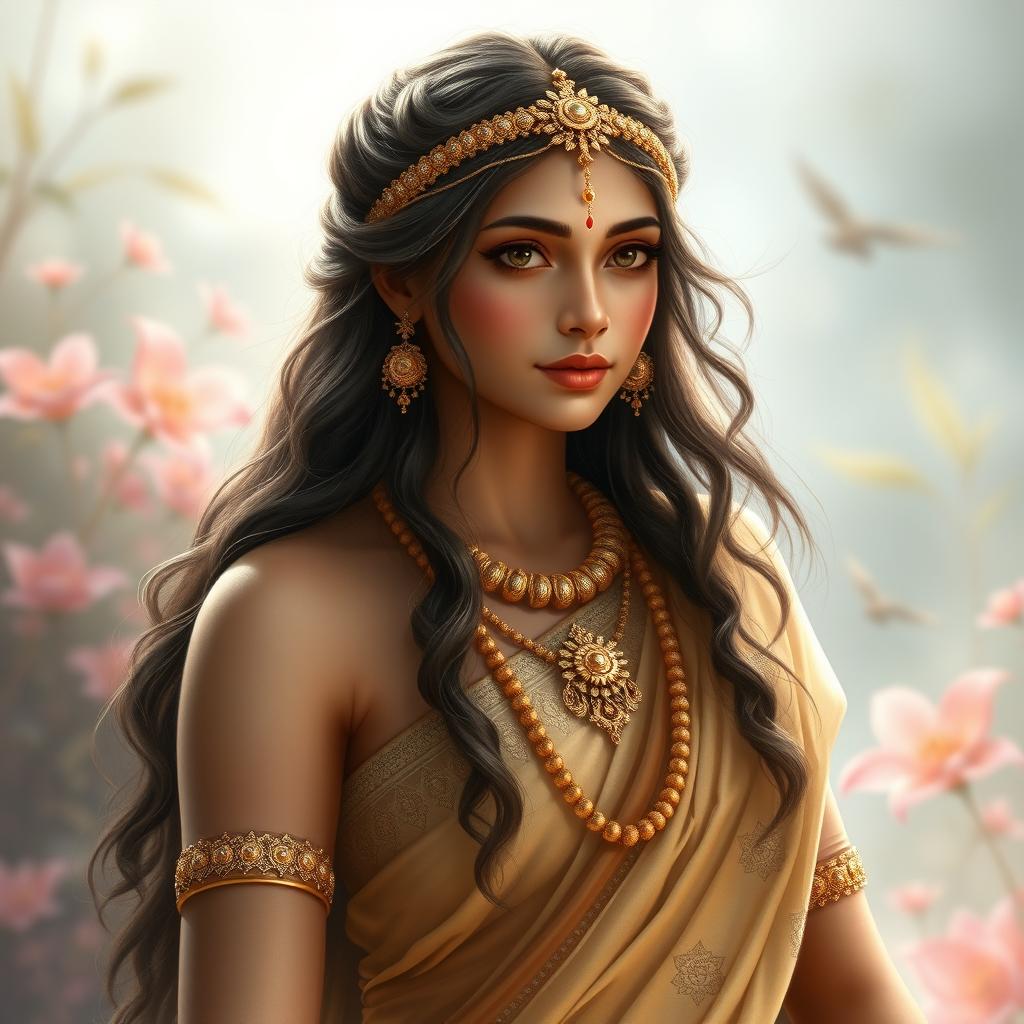 A serene and divine depiction of Sita, embodying beauty and elegance with a radiant countenance, representing her royal lineage and inner purity