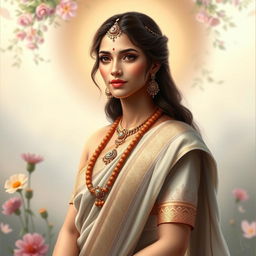 A serene and divine depiction of Sita, embodying beauty and elegance with a radiant countenance, representing her royal lineage and inner purity