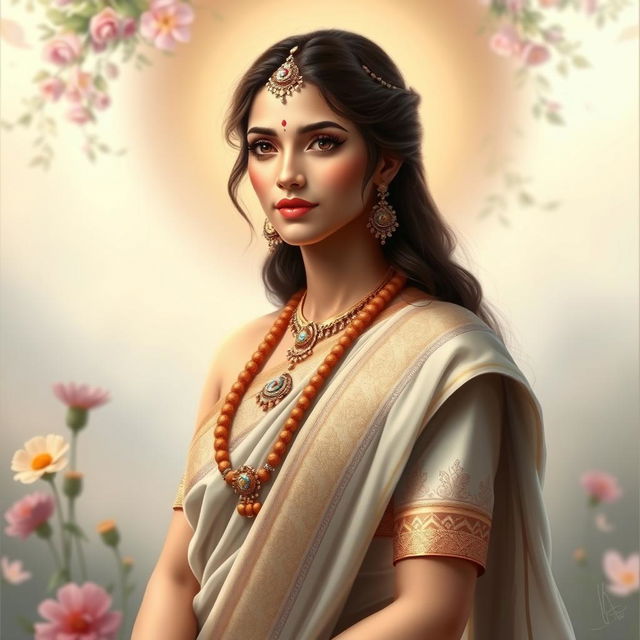 A serene and divine depiction of Sita, embodying beauty and elegance with a radiant countenance, representing her royal lineage and inner purity