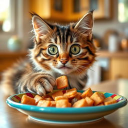 A cute cat eagerly tasting delicious food, with its eyes wide open in excitement