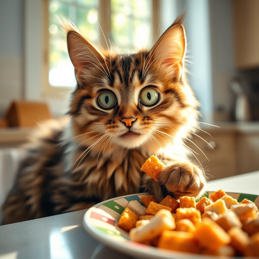 A cute cat eagerly tasting delicious food, with its eyes wide open in excitement