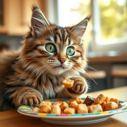 A cute cat eagerly tasting delicious food, with its eyes wide open in excitement