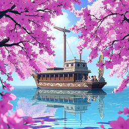 A beautifully rendered scene of the ship from "Tōkō no Hoshi Kōkō" (TBHK), on a serene body of water