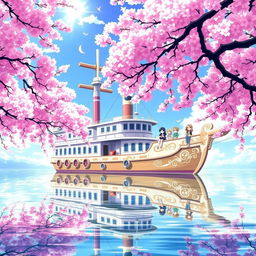 A beautifully rendered scene of the ship from "Tōkō no Hoshi Kōkō" (TBHK), on a serene body of water