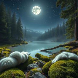 A serene image of a white lake nestled in a quiet forest, surrounded by lush green moss and soft furs draped gently over rocks and fallen trees