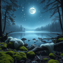 A serene image of a white lake nestled in a quiet forest, surrounded by lush green moss and soft furs draped gently over rocks and fallen trees