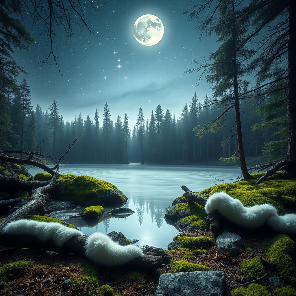 A serene image of a white lake nestled in a quiet forest, surrounded by lush green moss and soft furs draped gently over rocks and fallen trees
