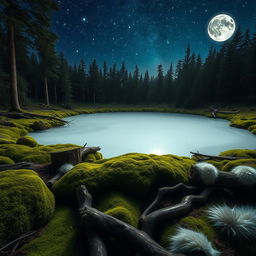 A serene image of a white lake nestled in a quiet forest, surrounded by lush green moss and soft furs draped gently over rocks and fallen trees
