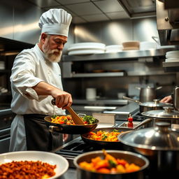 A close-up scene of a chef in a professional kitchen expertly cooking a vibrant dish