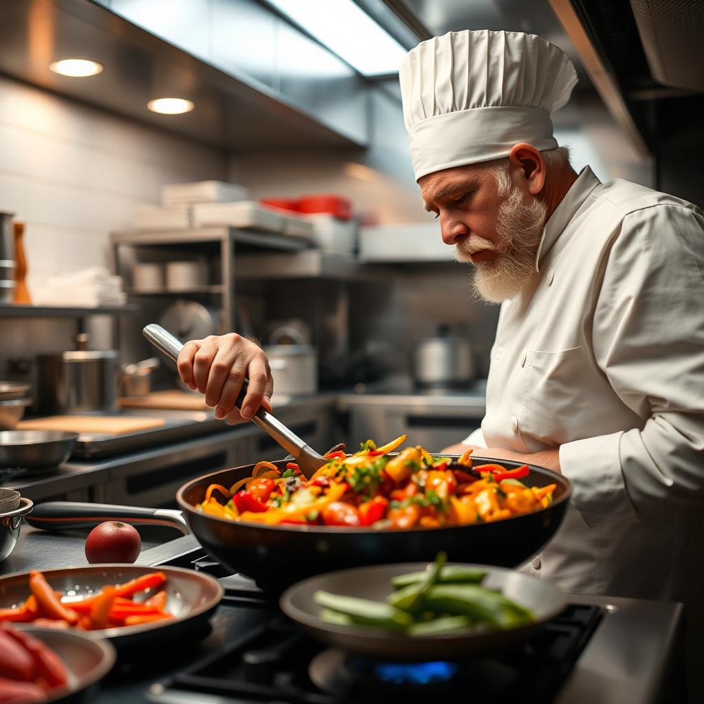 A close-up scene of a chef in a professional kitchen expertly cooking a vibrant dish