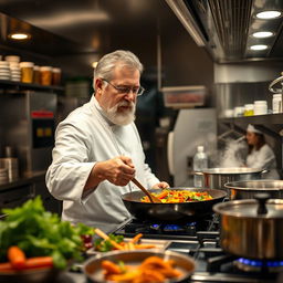 A close-up scene of a chef in a professional kitchen expertly cooking a vibrant dish