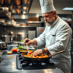 A close-up scene of a chef in a professional kitchen expertly cooking a vibrant dish