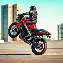 A dynamic and exciting scene featuring a powerful motorcycle performing a wheelie on a sunny day