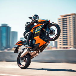 A dynamic and exciting scene featuring a powerful motorcycle performing a wheelie on a sunny day