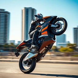 A dynamic and exciting scene featuring a powerful motorcycle performing a wheelie on a sunny day