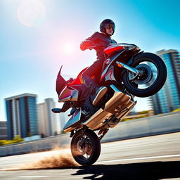 A dynamic and exciting scene featuring a powerful motorcycle performing a wheelie on a sunny day