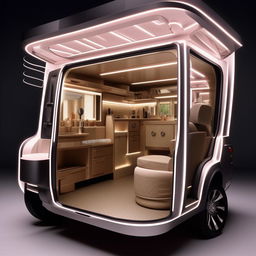 Draw a detailed plan of a lavish celebrity vanity van with a smart design that encompasses all the necessary amenities for a celebrity on a film set.