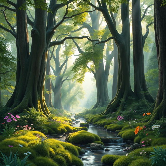 A lush, vibrant forest scene, showcasing tall, ancient trees with thick trunks and a dense canopy of green leaves, sunlight filtering through and creating a dappled light effect on the forest floor