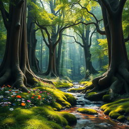 A lush, vibrant forest scene, showcasing tall, ancient trees with thick trunks and a dense canopy of green leaves, sunlight filtering through and creating a dappled light effect on the forest floor