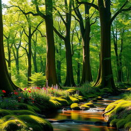 A lush, vibrant forest scene, showcasing tall, ancient trees with thick trunks and a dense canopy of green leaves, sunlight filtering through and creating a dappled light effect on the forest floor