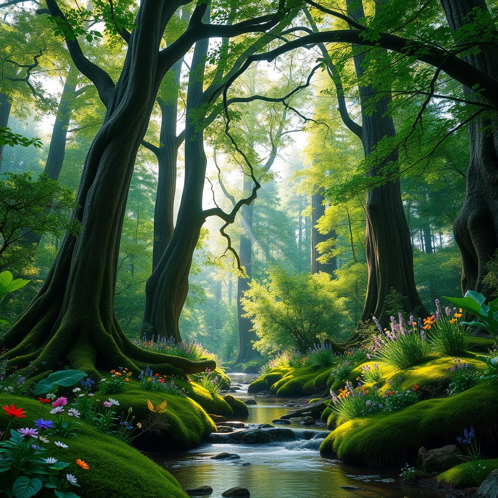 A lush, vibrant forest scene, showcasing tall, ancient trees with thick trunks and a dense canopy of green leaves, sunlight filtering through and creating a dappled light effect on the forest floor