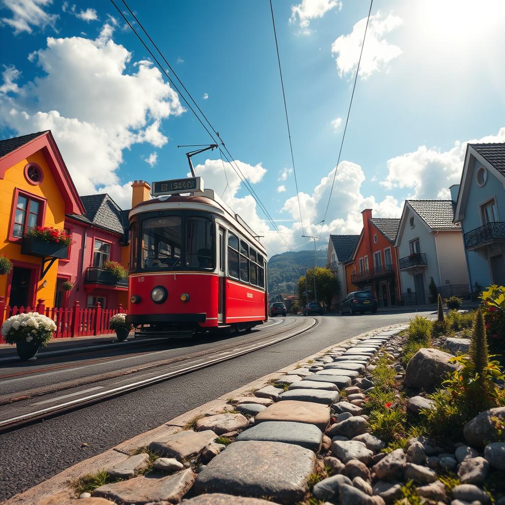 A dreamy scene of a tram gliding through a picturesque cityscape, surrounded by fluffy clouds